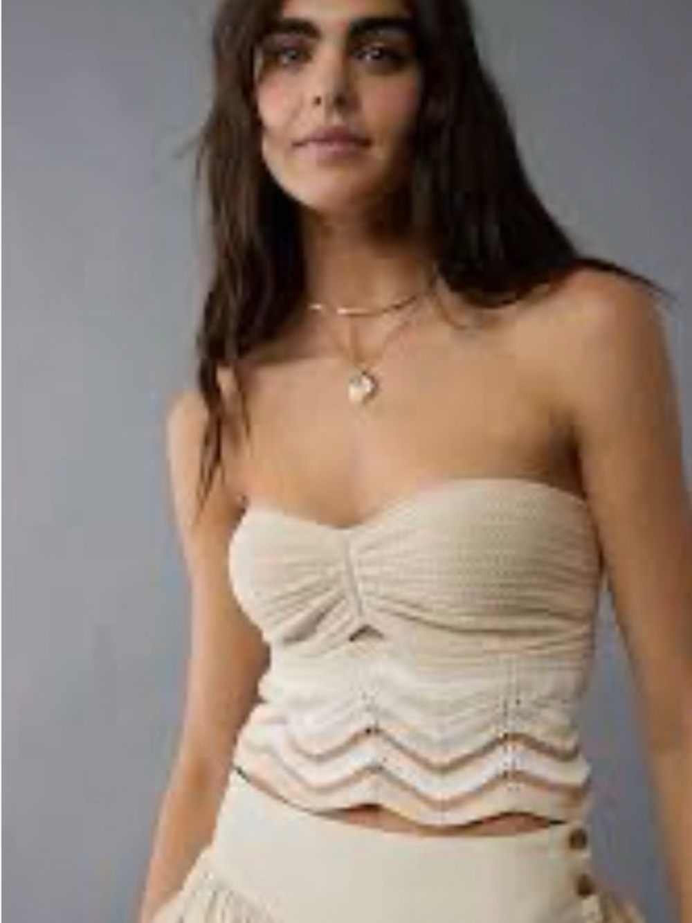 American Eagle Cream Crochet Strapless Tube Top Ruched Chevron Small - Picture 2 of 5